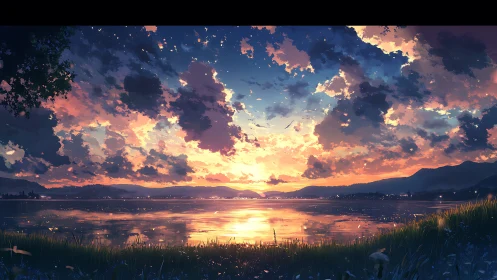 Sunset illuminates lake surface beneath dense cloud cover