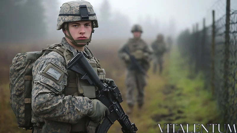 Soldier patrols foggy border fence with rifle ready