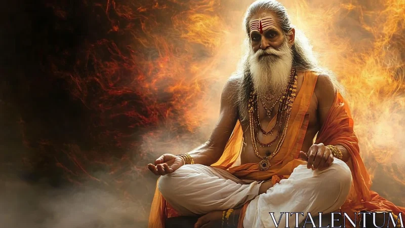 Detailed rendering of meditating sage framed by radial fire aura