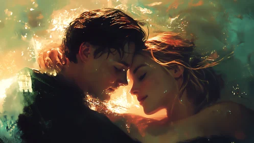 Digital Romantic Composite: Golden Silhouette Profiles with Luminescent Atmospheric Rendering