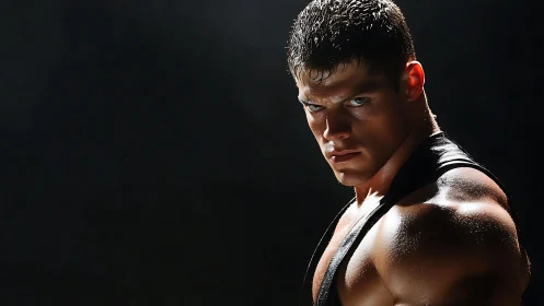 Intense spotlight portrait of muscular athlete in shadowed ring.