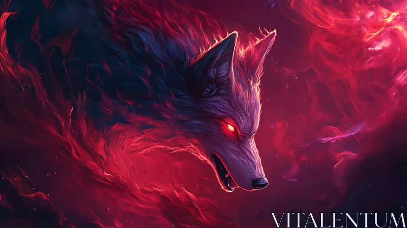 Starlit inferno wolf erupts from a swirling cosmic blaze.