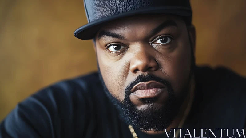 Intense close-up portrait with soft golden bokeh backdrop.