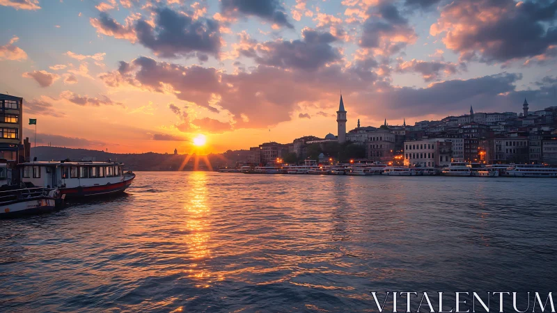 Harbor sunset glows over historic waterfront skyline.