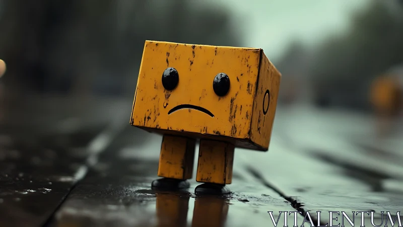 Melancholic yellow box robot tilting on wet reflective street