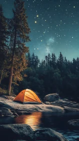 Cozy riverside tent glowing softly under a peaceful starry sky.