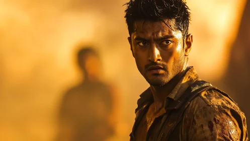 Battle-worn man in dramatic golden backlight portrait.