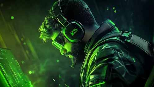 Cyber gamer profile in neon green tactical headset portrait.