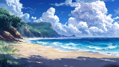 Sunlit shore and cloud kingdoms above a turquoise sea.