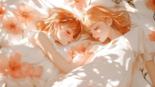 Two sleeping girls lying on white bedding among orange flowers