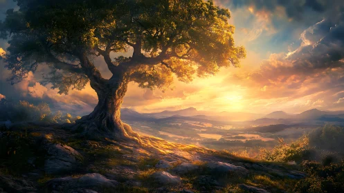 Ancient hilltop tree glows above a radiant fantasy valley.