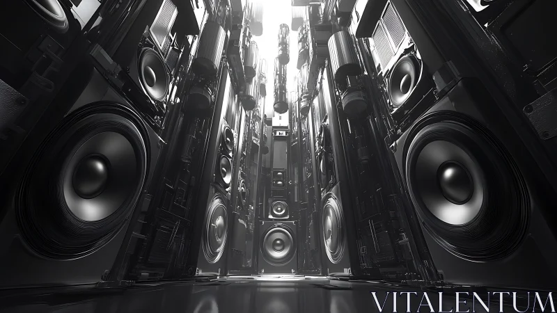 Monochrome corridor of stacked high power audio speakers.