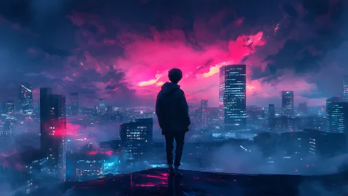 Lone figure overlooks neon city beneath vivid pink storm