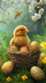 Springtime chick in wicker nest with ornate painted eggs