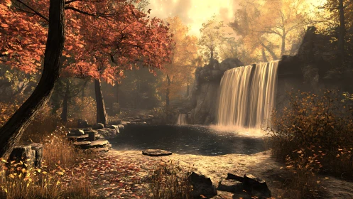 Autumnal forest waterfall renders luminous atmospheric depth
