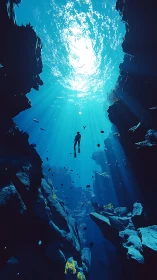 Diver ascends through deep underwater canyon with sunbeams