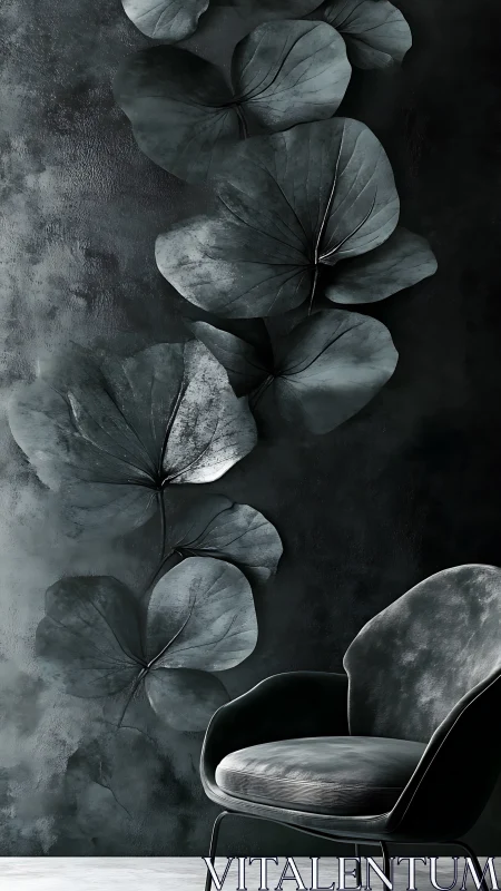 Monochrome leaf mural with upholstered accent chair in profile.