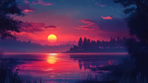 Crimson sunset paints tranquil forest lake with mirrored glow