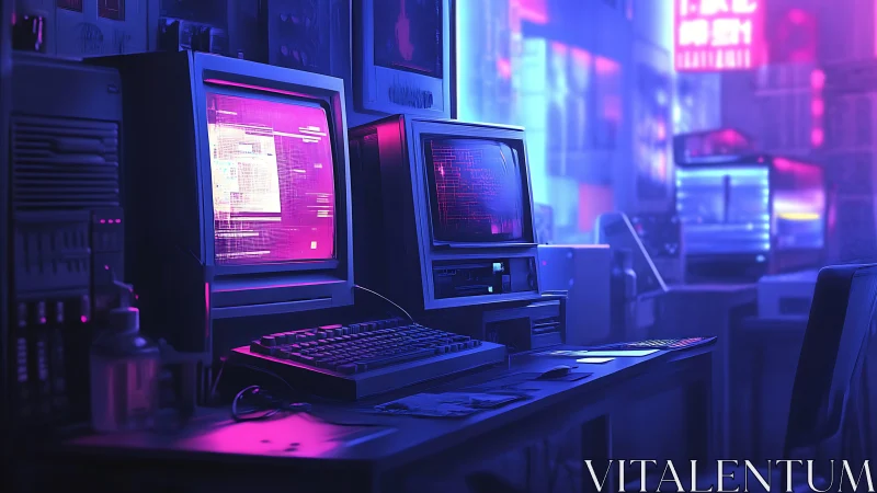 Dual CRT workstations display neon-illuminated terminal interfaces