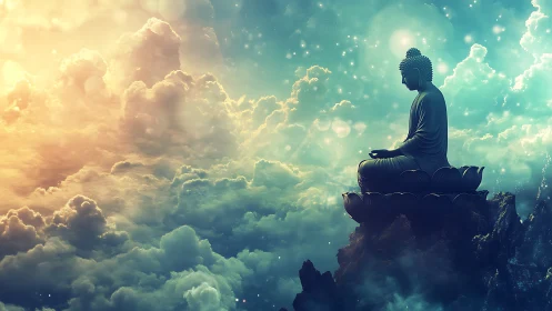 Buddha statue meditates above glowing clouds in celestial sky
