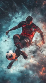 Dynamic soccer striker executing midair volley in fiery clouds