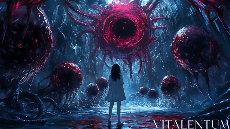 Solitary girl confronts colossal abyssal eye in bio-organic cavern