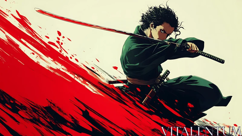 Ronin swordsman slashes crimson arc across minimal field.