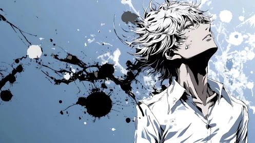 Anime boy under splattered ink sky on blue background.