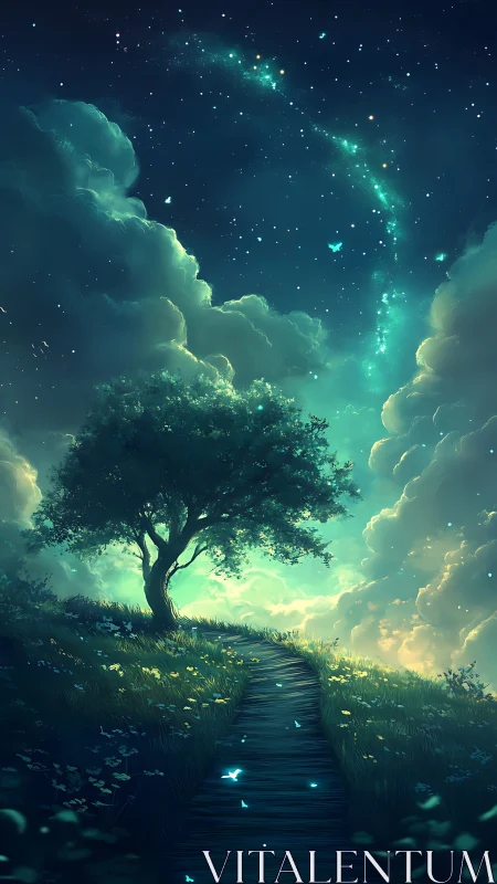 Starlit hilltop path leading toward a softly glowing sky.