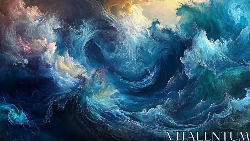 Turbulent abstract ocean waves in swirling blue motion.
