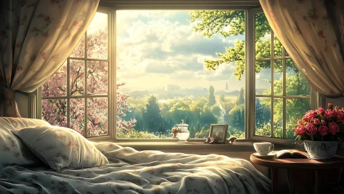 Sunlit floral bedroom window framing panoramic spring vista.