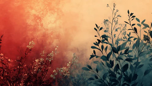 Botanical silhouettes across a dual-tone atmospheric gradient.