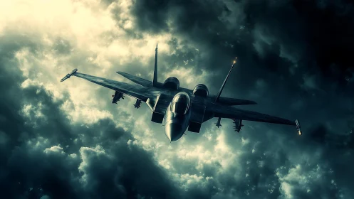 Storm-lit fighter jet soaring through ominous clouds.