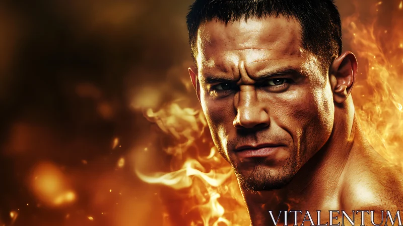 Muscular male portrait burns against vivid swirling flames