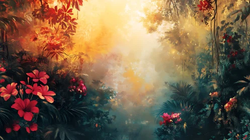 Sunlit mist fills dense jungle clearing between flowers