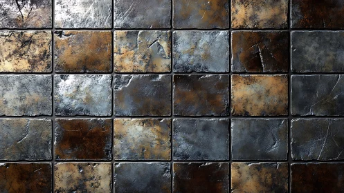 Rustic metallic tiles form a textured rectangular grid pattern