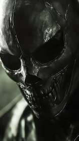 Specular-lit biomechanical skull mask rendered with high contrast