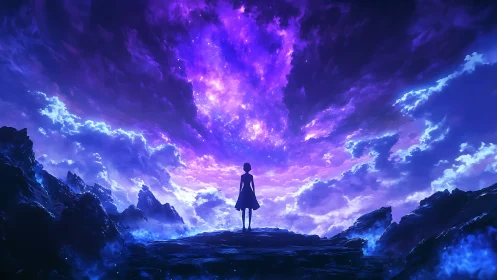 Stargazer on a glowing cliff beneath a swirling violet sky.