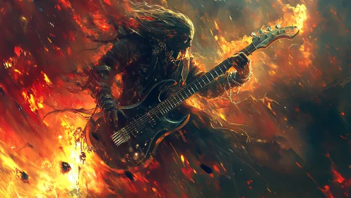 Fiery guitarist silhouette in dynamic inferno scene.