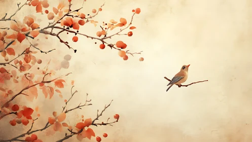 Delicate bird on autumn branch in minimalist watercolor style.