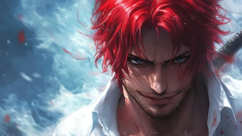 Intense red-haired swordsman in dynamic oceanic anime portrait.