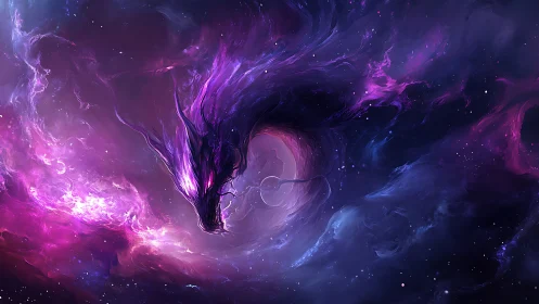 Cosmic dragon form emerging from swirling purple nebula.