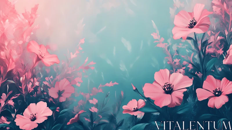 Blossom Reverie: Pink Florals Dancing Through Turquoise Mist.