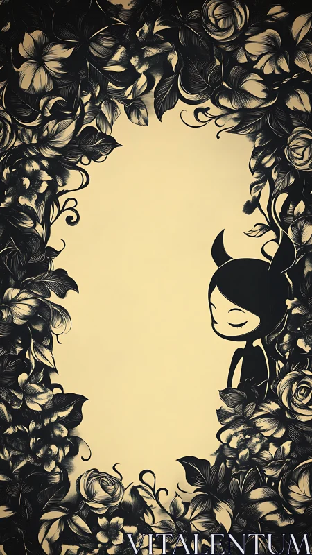 Melancholic horned girl stands amid ornate floral frame.