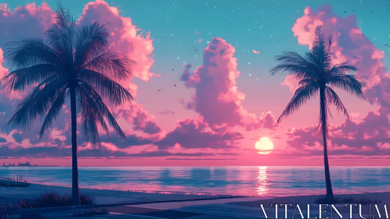 Neon tropic sunset between silhouetted palms over calm sea.