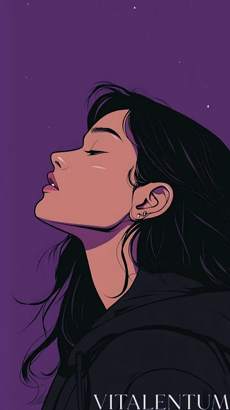 Side profile portrait shows woman with eyes closed, facing up