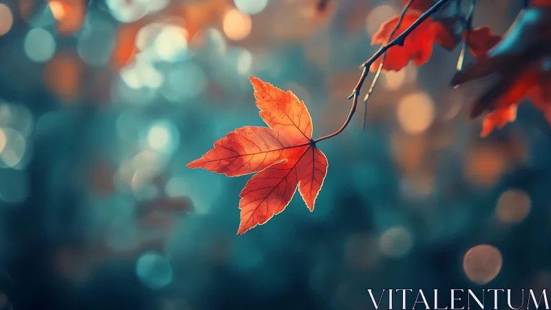 Crimson maple leaf glows against teal bokeh background.