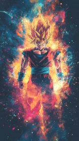 Central figure in stylized energy field stands facing viewer