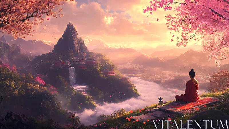 Solitary robed figure observes mountainous temple valley