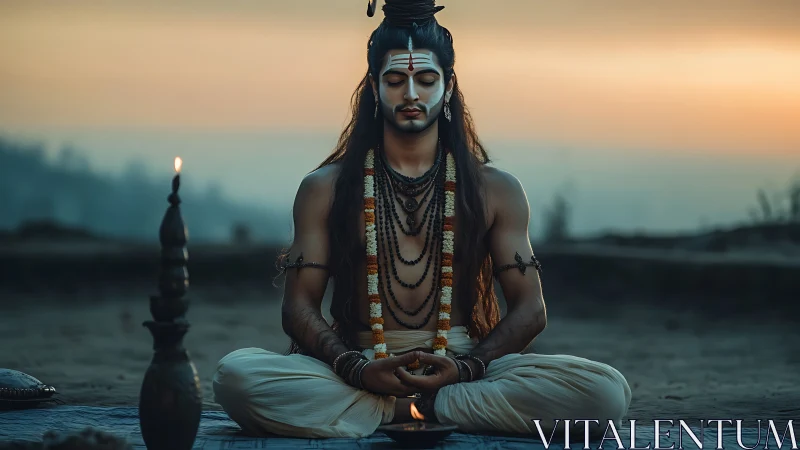 Serene meditative deity figure at dusk in digital artwork.
